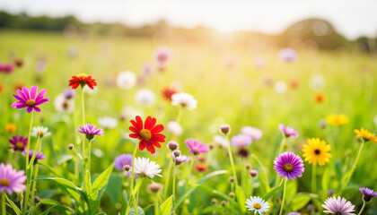 Obraz premium Vibrant wildflowers blooming in meadow at sunset, natural beauty