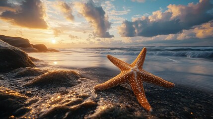 Fototapeta na wymiar starfish and beach views with beautiful waves