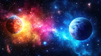 Cosmic space scene with planets, stars, and a vibrant nebula, mysterious and expansive 