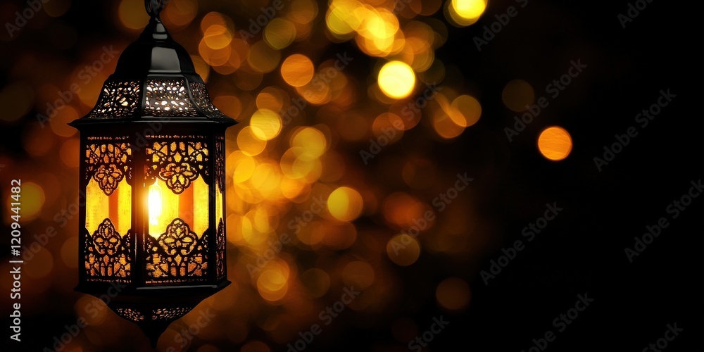 Poster enchanting lantern illuminating the night with warm glowing light and beautiful patterns, creating a