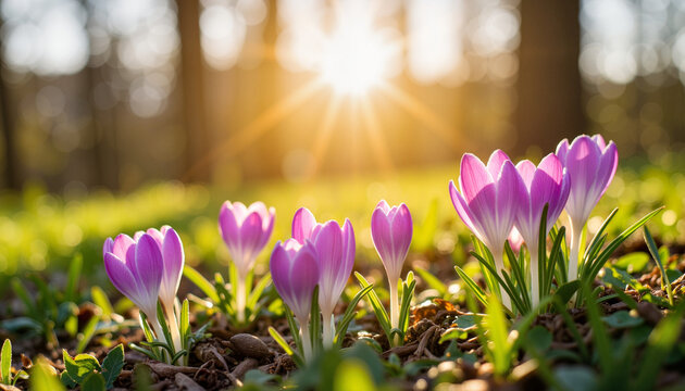 Vibrant crocus flowers bloom in serene landscape at sunrise, nature's beauty