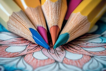 Colored pencils point downward, above ornate design.