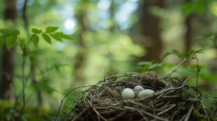Forest bird nest with eggs, nature background, springtime