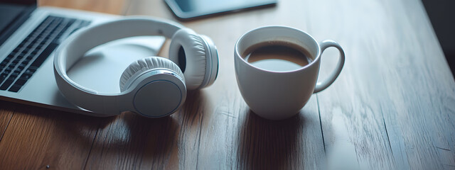 A cup of coffee and headphones lie on the table, next to a mobile phone and laptop, on a background of a gray wooden table with dark floor tiles. Relaxed atmosphere in the work environment.