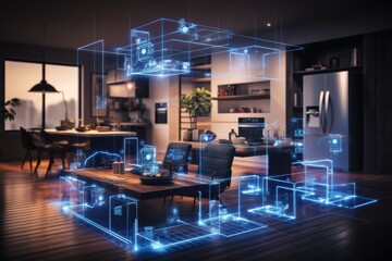Naklejka premium Modern home interior showcasing smart technology and design elements in a cozy living space during the evening hours. Generative AI