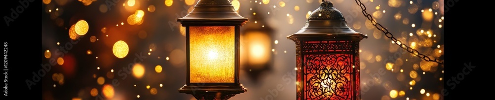 Aufkleber enchanting lanterns illuminating a magical night with sparkling bokeh and warm glows for a whimsical