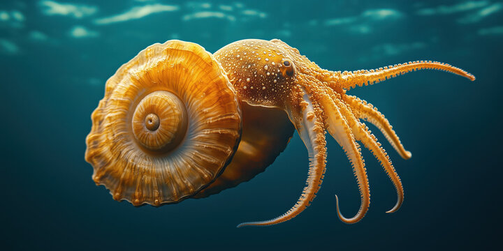 golden ammonite shell with squid like creature swimming underwater