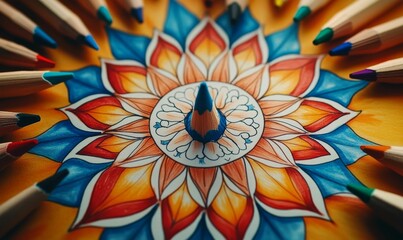 Colored pencils surround vibrant mandala artwork.