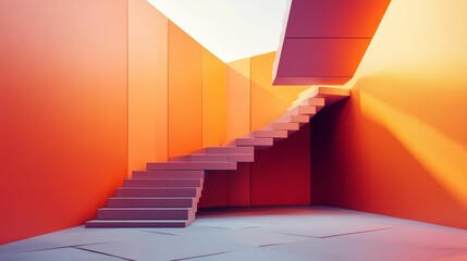 Obraz premium Abstract staircase ascends orange walls, modern interior.