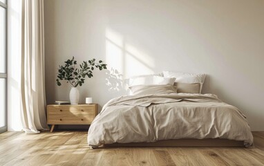 Minimalist Scandinavian bedroom with a floating nightstand, neutral bedding, and warm wooden flooring, filled with natural daylight