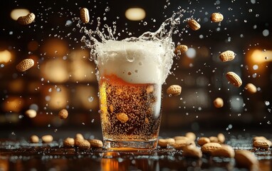 Beer splash with frothy head and flying peanuts in a playful composition