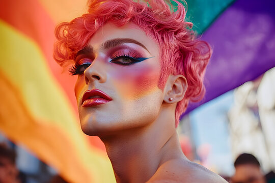 LGBT history month: Gay pride parade, Fictional queer or gender non binary person with pink hair: Man with makeup, drag queen, background with rainbow flag