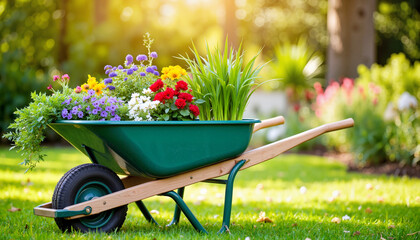 Vibrant wheelbarrow filled with flowers in sunny garden, refreshing beauty