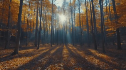 Naklejka premium Sunbeams pierce misty autumn forest.