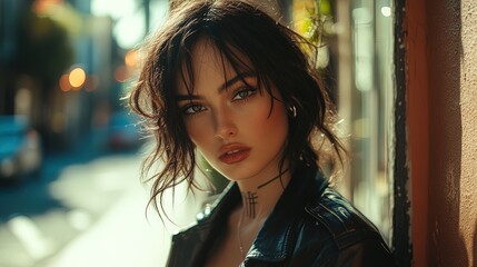 Stylish fashion model in an urban setting, edgy and high-fashion vibe 