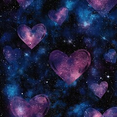 Obraz premium Cosmic Hearts: A captivating seamless pattern of purple and blue galaxy hearts scattered across a dark night sky, adorned with twinkling stars. Perfect for Valentine's Day, space-themed designs.