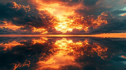Fototapeta premium Fiery Sunset Clouds Reflected in Calm Ocean Waters
