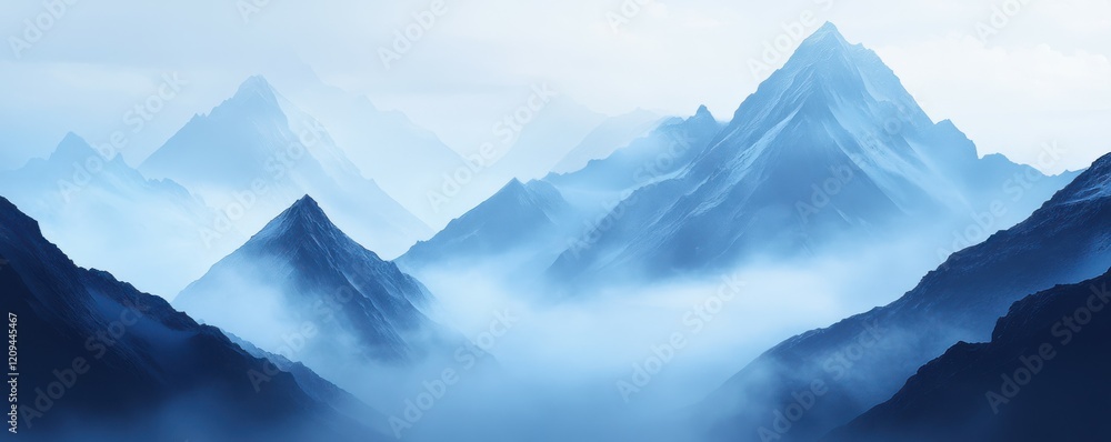 Wall mural A majestic mountain range shrouded in mist and fog.