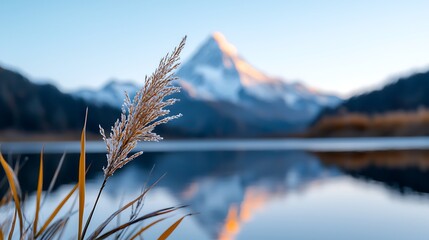 Autumnal reed reflecting Matterhorn, sunrise lake. Peaceful nature scene, travel poster