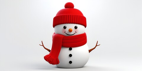 3D cute snowman icon, red hat and scarf, white background, white matte plastic material, cute cartoon style, simple design, simple shape bokeh background