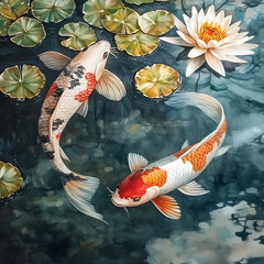 Koi Harmony: Two vibrantly colored Koi fish gracefully swim in a serene pond, their scales shimmering in the sunlight as they navigate the lily pads and tranquil water.  
