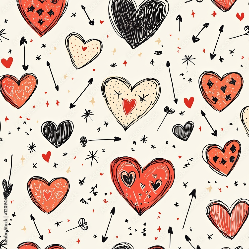 Poster hand-drawn hearts pattern: a charming, hand-drawn seamless pattern featuring a delightful array of h