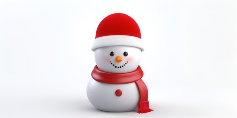 3D cute snowman icon, red hat and scarf, white background, white matte plastic material, cute cartoon style, simple design, simple shape bokeh background