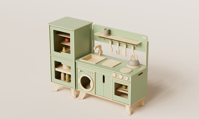 Obraz premium 그린 목재 주방 미니어처 장난감 Green Wooden Kitchen Miniature Toy