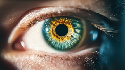 A close-up of a vibrant eye showcasing intricate patterns and a blend of blue and green colors surrounding a dark pupil.