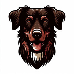 Illustration of a happy dog's head with black and brown fur on a white background. Stylized digital artwork with bold and symmetrical design. Animal concept for prints and posters