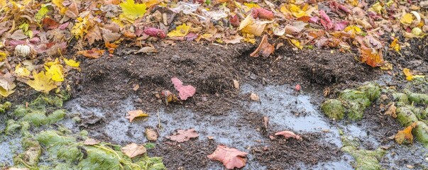 Obraz premium Autumn leaves and soil, wet ground, background of fallen leaves. Use nature, gardening, compost