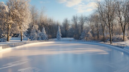 The empty ice rink glistens under the soft morning light, surrounded by a blanket of fresh snow, quietly awaiting skaters.