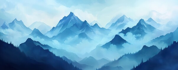 A majestic mountain range shrouded in mist, its peaks piercing the clouds.