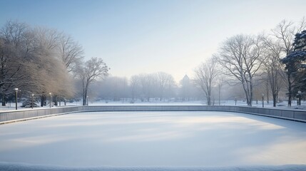 Obraz premium The empty ice rink glistens under the soft morning light, surrounded by a blanket of fresh snow, quietly awaiting skaters.