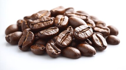 Obraz premium Roasted coffee beans closeup, white background, food photography