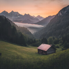 Obraz premium Secluded Mountain Cabin at Sunrise: A rustic wooden cabin sits serenely on a verdant hillside, overlooking a breathtaking valley shrouded in morning mist.