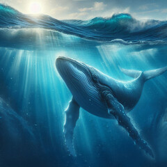 Humpback whale swimming underwater with sunlight rays penetrating the ocean surface. Marine life and oceanic wildlife concept for design and print