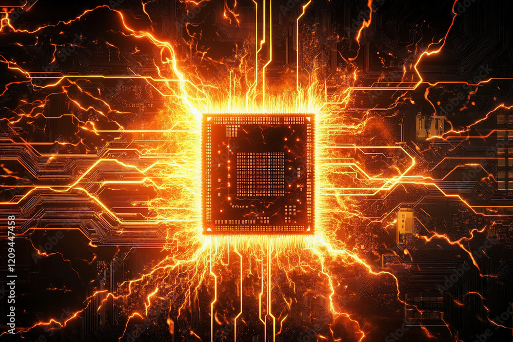 Poster computer chip surrounded by electric sparks and glowing circuitry in a high-tech setting at night. g