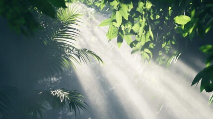 Naklejka premium Sunlight filters through lush greenery in a serene forest setting.