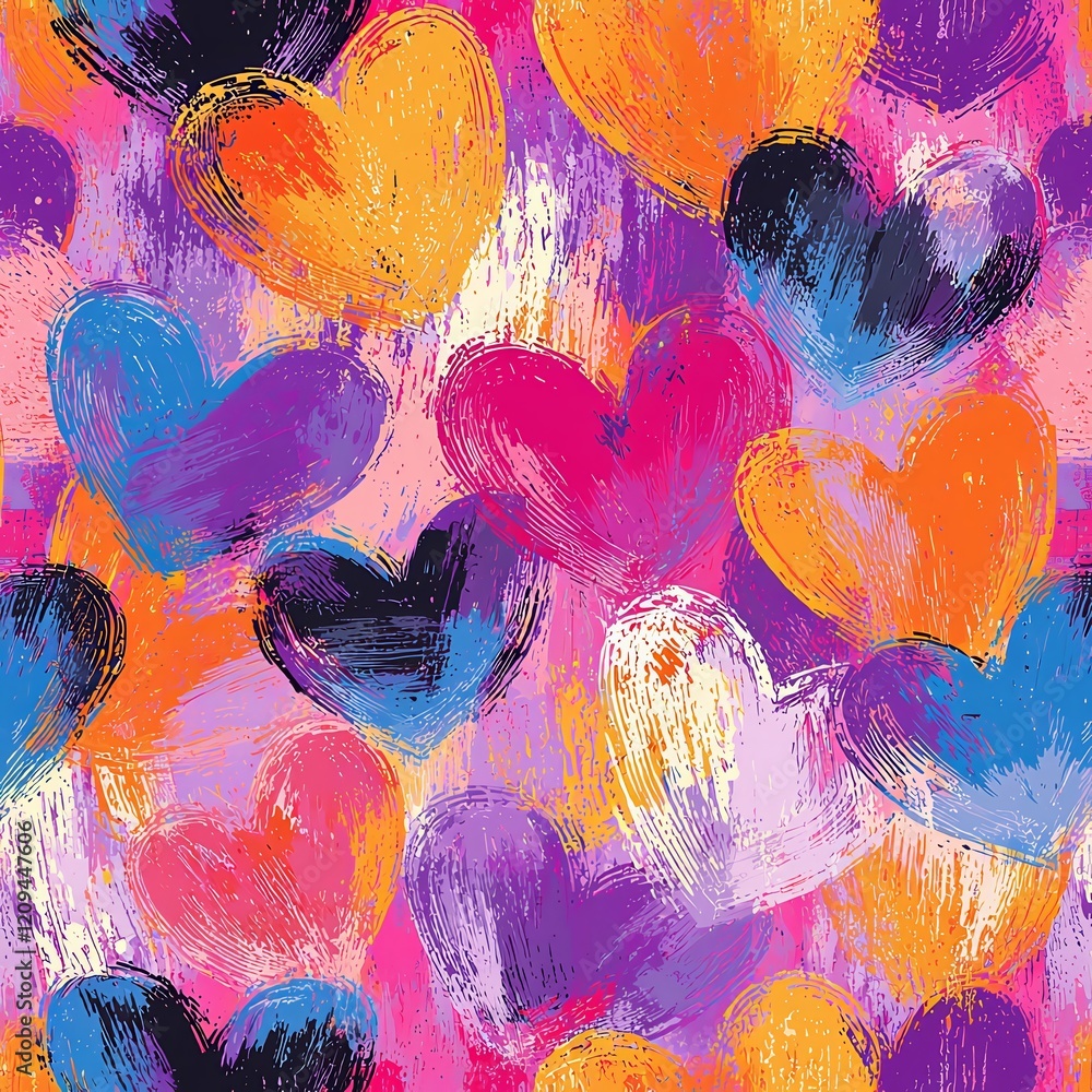 Poster abstract heart pattern: an vibrant and energetic pattern of colorful heart shapes, each painted with