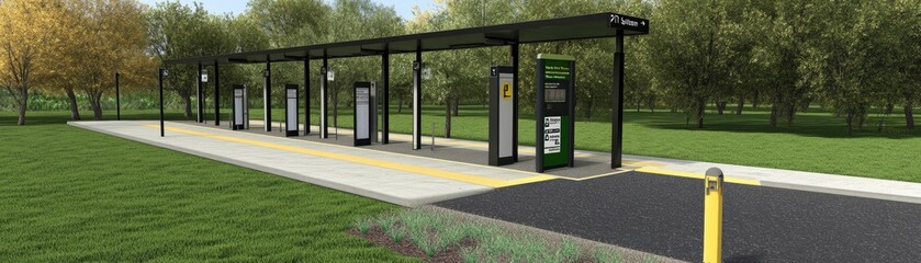 Fototapeta premium Modern bus stop design, park setting, green background, transport