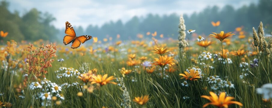 A tranquil meadow filled with wildflowers, where butterflies flit and bees buzz among the fragrant blossoms.