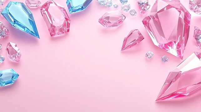 Pink and blue gemstones arranged on a pink background
