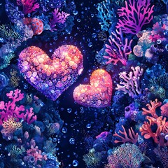 Obraz premium Underwater Love: A whimsical, romantic illustration of two shimmering hearts floating amidst coral reefs and bubbles in a deep blue ocean, evoking feelings of love, connection, and underwater beauty.