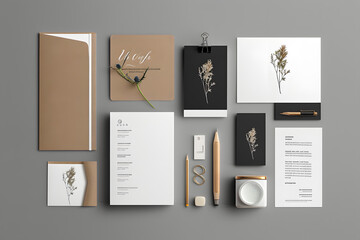 Business stationery set mockup featuring elegant designs, clean lines, and modern typography, styled with minimalist aesthetics. Generative Ai.