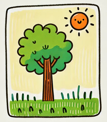 Cartoon tree with orange trunk on green grass under smiling sun. Framed childlike illustration on light background. Nature and summer concept for design and print.