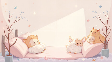 Adorable animals snuggled in a cozy bed, surrounded by pastel colors and whimsical details. A perfect illustration for children's books or calming themes.