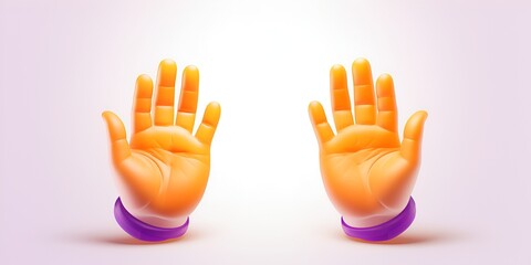 3D icon of hands clapping, in a cartoon style with purple and orange colors on a white background, showing front, side, and top views, as well as a close-up. bokeh background