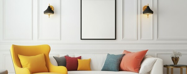Scandinavian, art deco style interior design of modern living room. Yellow armchair near white sofa with colorful pillows. White wall with golden black sconces and art frame