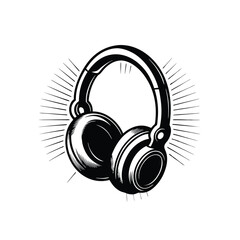 A stark black and white image of headphones with light rays radiating from the earcups. The image evokes a sense of sound and movement.